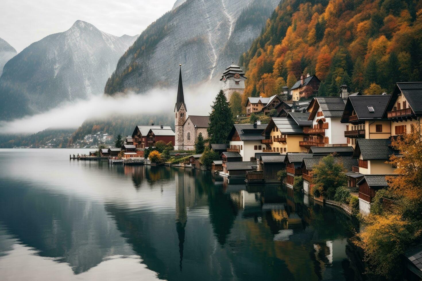 Hallstatt village on Hallstatter See lake in autumn, Austria, Hallstat village in the Austria. Beautiful village in the mountain valley near lake, AI Generated photo