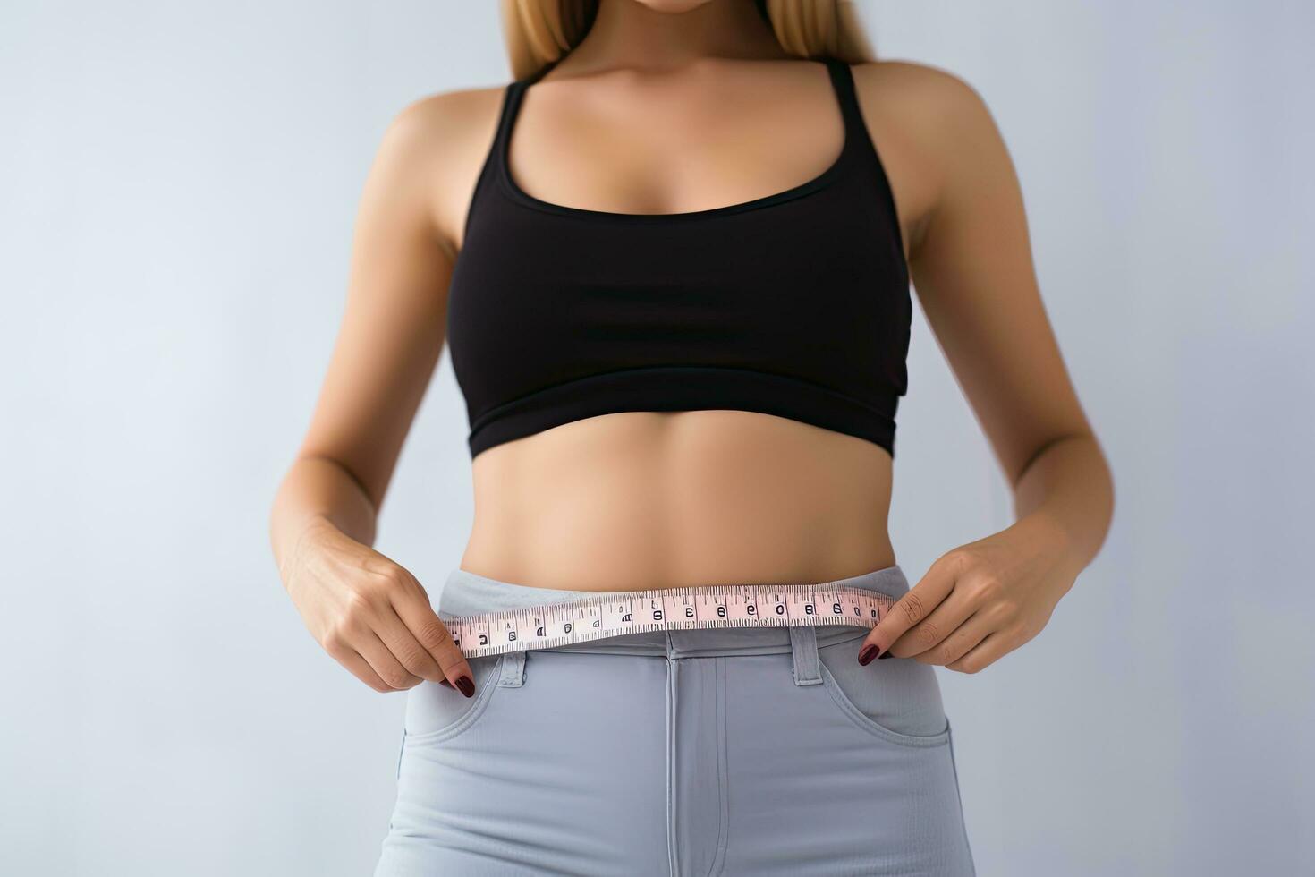 Woman measuring her waist on light background, closeup. Weight loss concept, Young slim woman measuring her body with a tape me, AI Generated photo