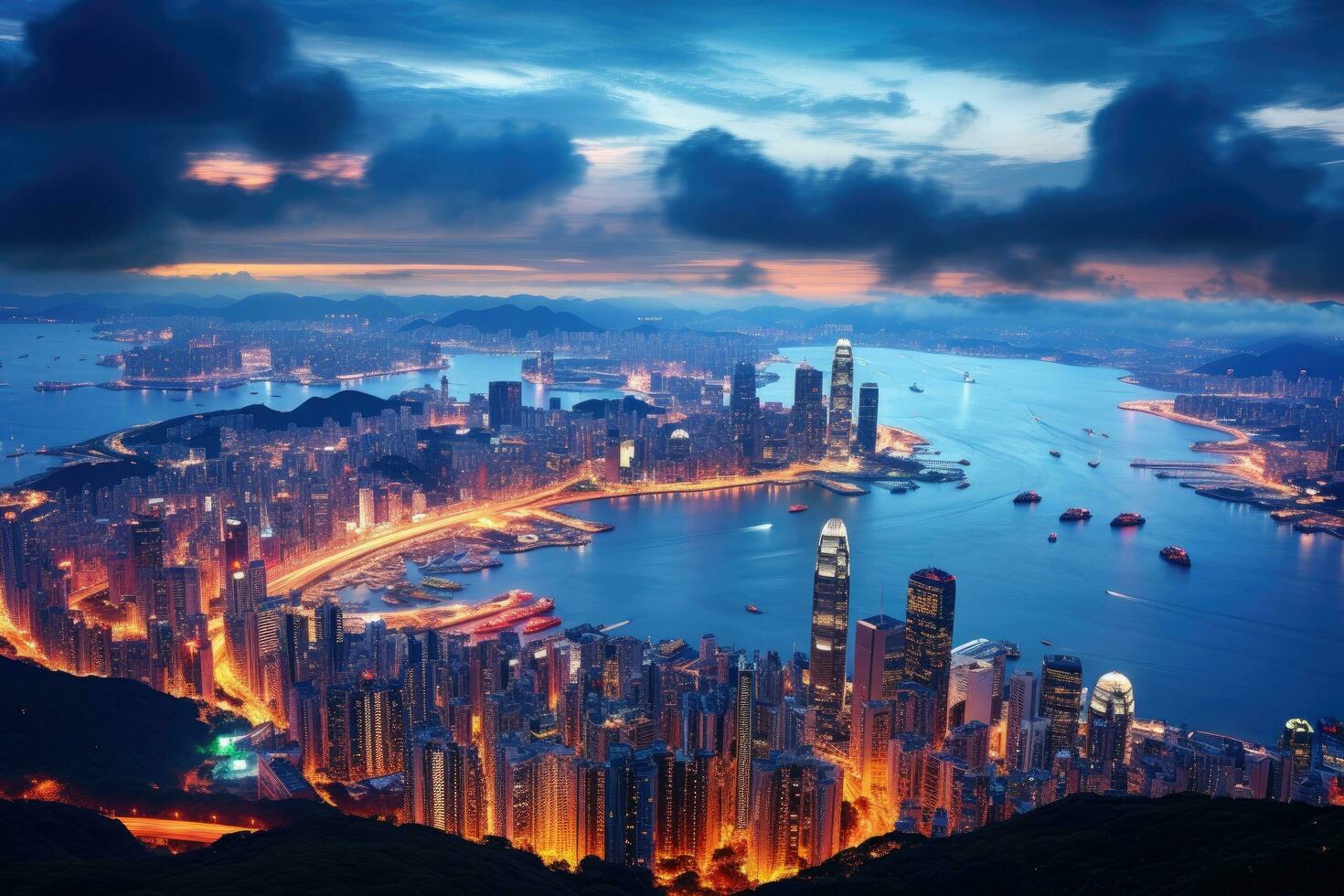 hong kong horizonte a noche, ver desde victoria cima, hong kong, porcelana, hong kong ciudad ver desde el pico a crepúsculo, ai generado foto