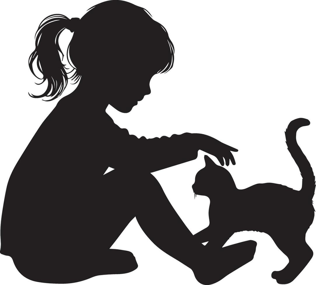 Child playing with cat vector silhouette illustration black color 7