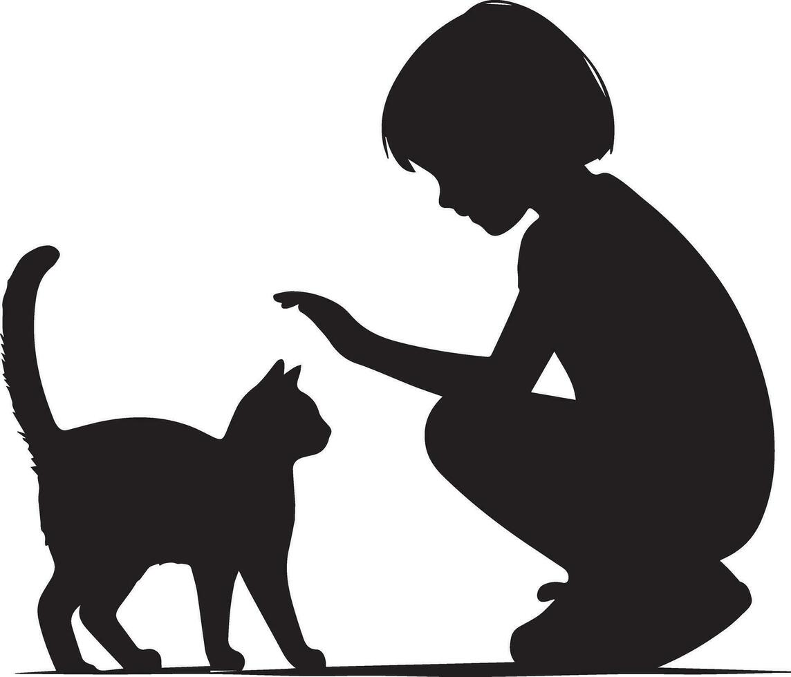 Child Playing With Cat Vector silhouette illustration 2