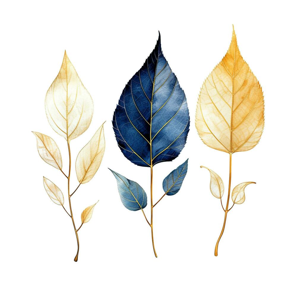 Set of golden and blue tree leaves photo