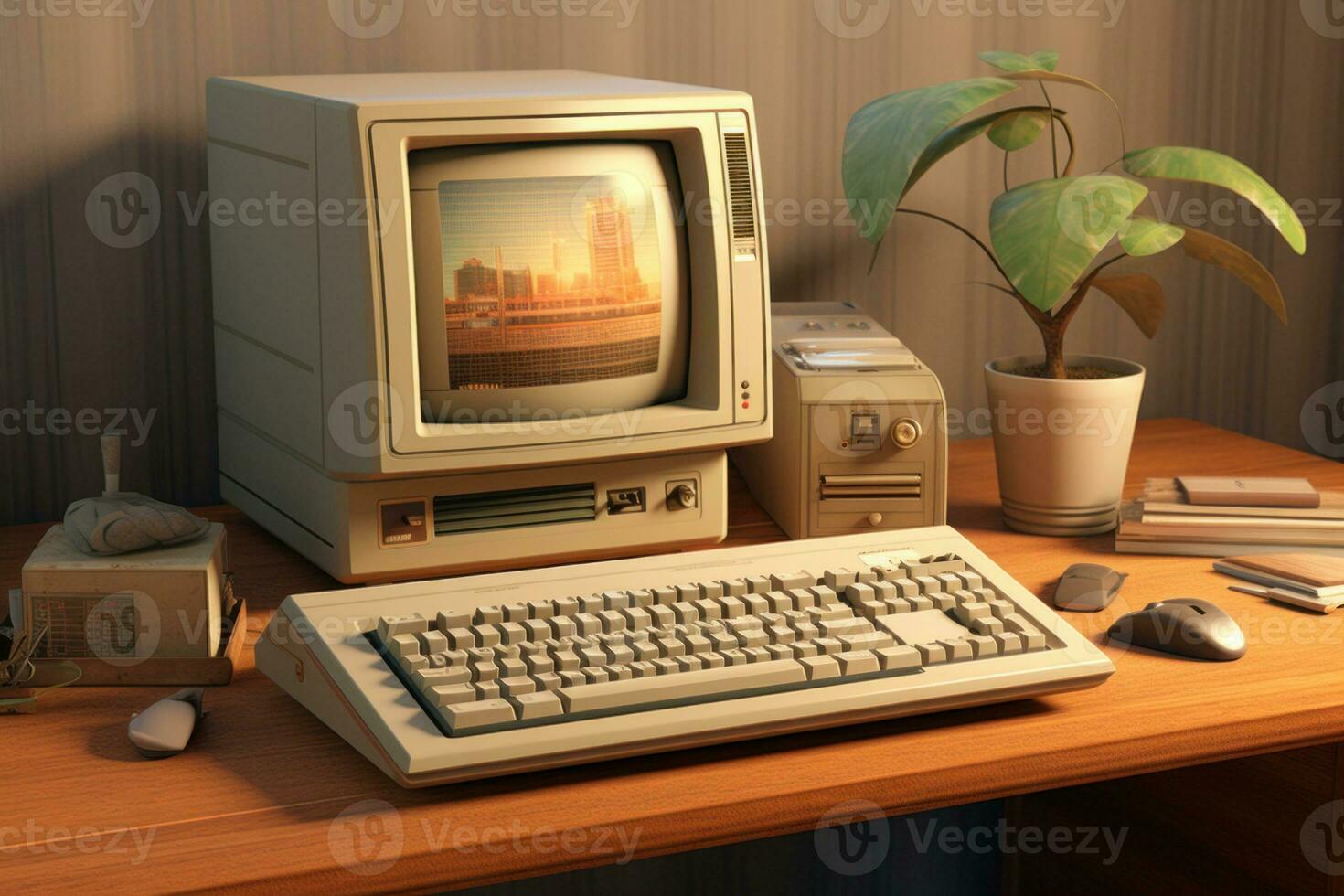 Vintage personal computer on desktop. Generative AI photo