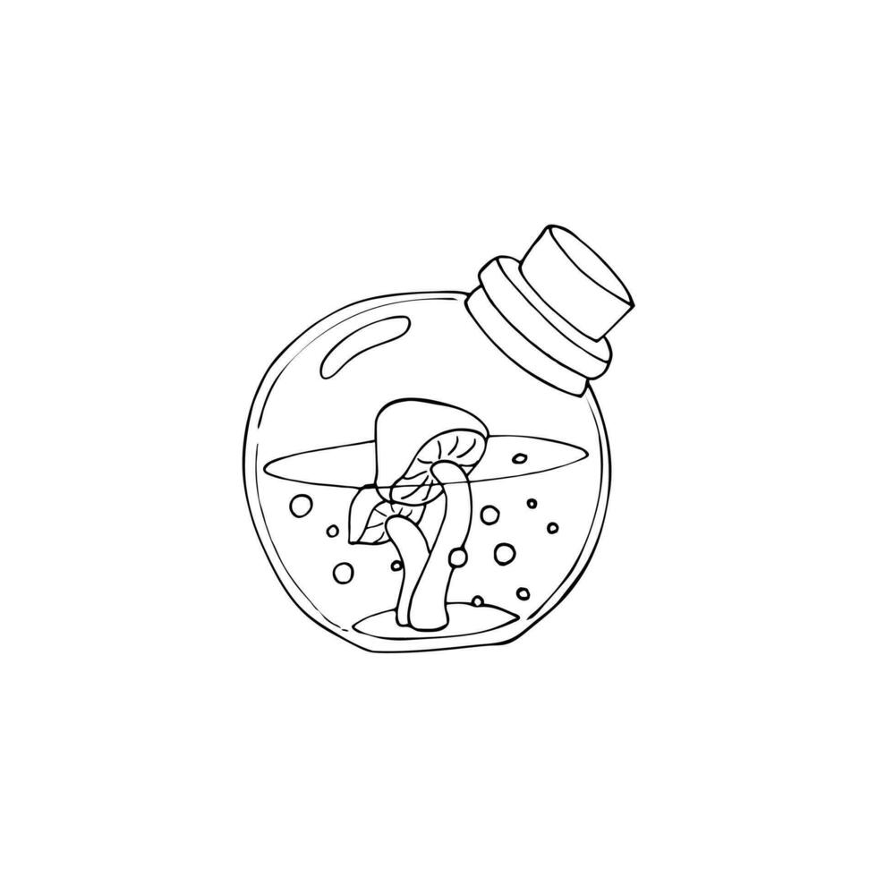 Hand-drawn Magic mushrooms in a bottle.  Magic elixir bottle with mushroom line art concept. Vector graphic design element. Illustration of the magic bottle with mushrooms inside, with cork.
