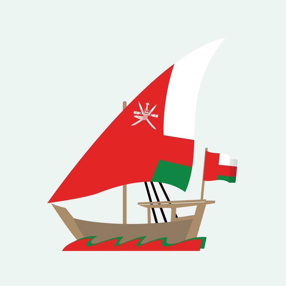 dhow o Dawa o grajilla el tradicional navegación vasos con Omán bandera mástiles con sofá o latino paño usado en el Golfo y el rojo mar vector