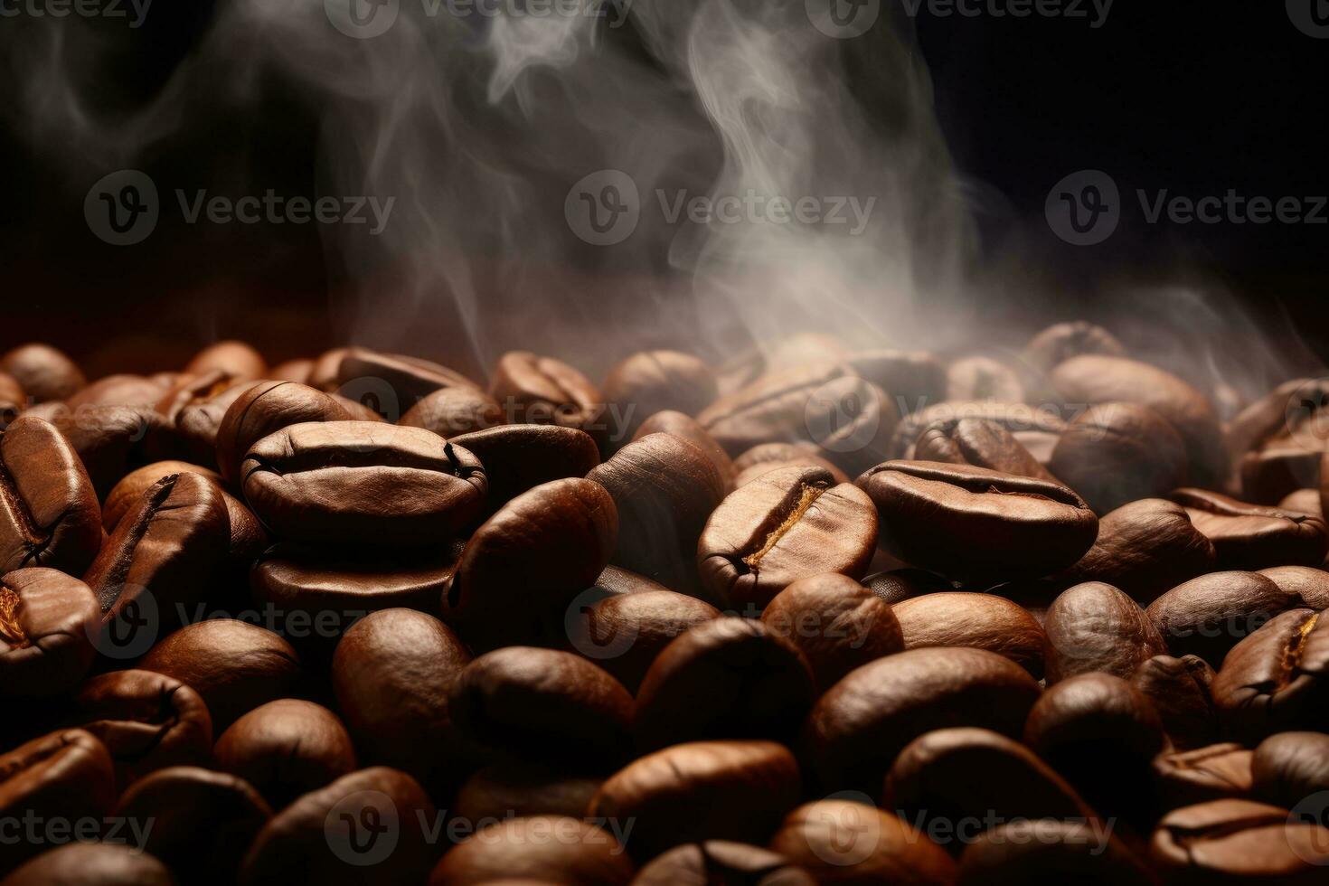 coffee beans on a dark background, smoke from beans. background, texture, copy space. generative ai photo
