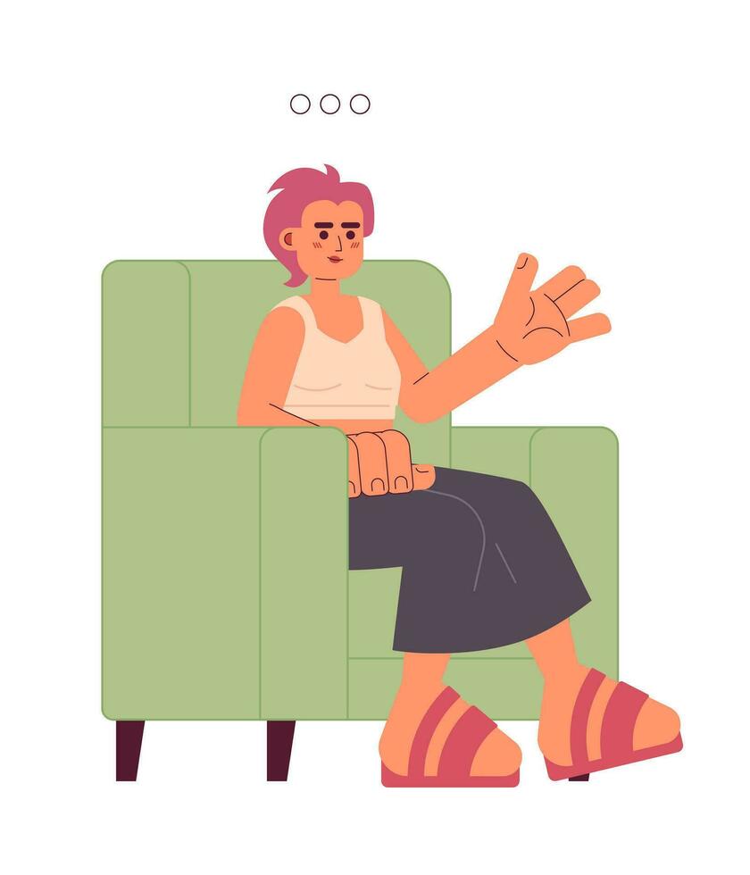 Sitting armchair woman talking 2D cartoon character. Japanese adult female participating in conversation isolated vector person white background. Psychology counselor color flat spot illustration
