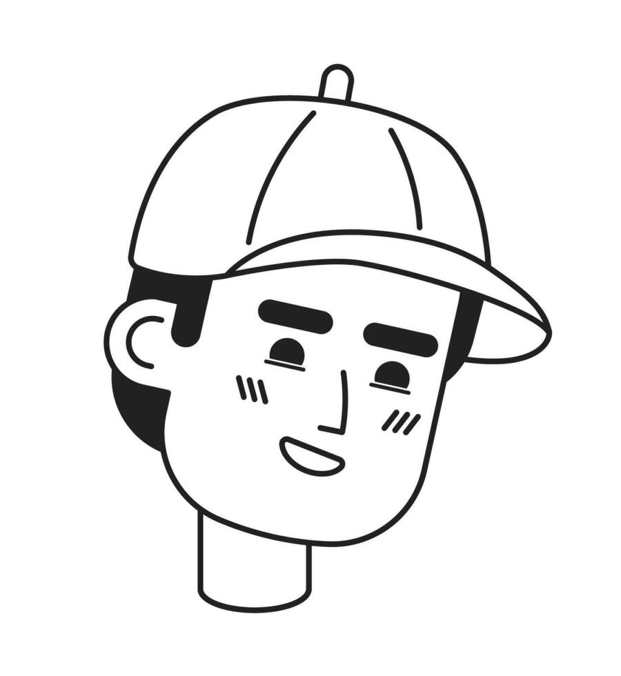 béisbol gorra hombre con dientes sonrisa negro y blanco 2d vector avatar ilustración. árabe chico vistiendo béisbol sombrero contorno dibujos animados personaje cara aislado. deporte ventilador masculino plano usuario perfil imagen, retrato