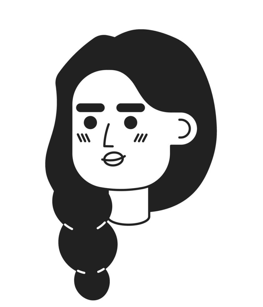 South asian adult woman braided hair black and white 2D vector avatar illustration. French braid indian female outline cartoon character face isolated. Nice lady flat user profile image, portrait