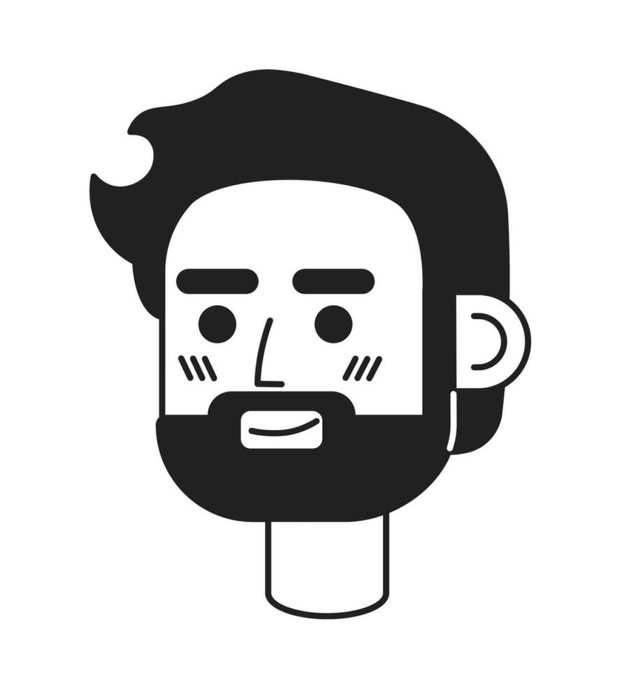 Bearded caucasian adult guy black and white 2D vector avatar illustration. Confident smirk man european outline cartoon character face isolated. Positive emotion flat user profile image, portrait