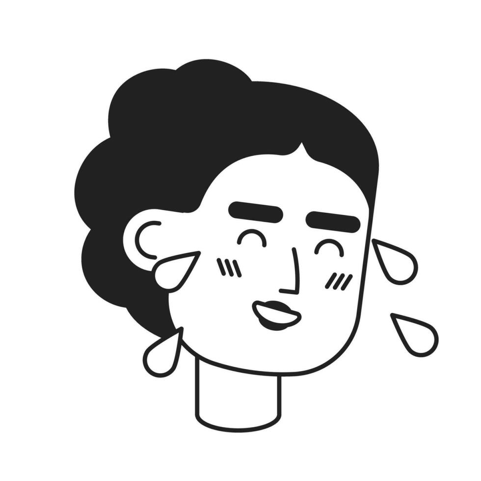 lágrimas de alegría medio oriental mujer negro y blanco 2d vector avatar ilustración. riendo hembra contorno dibujos animados personaje cara aislado. árabe dama contento llorar plano usuario perfil imagen, retrato