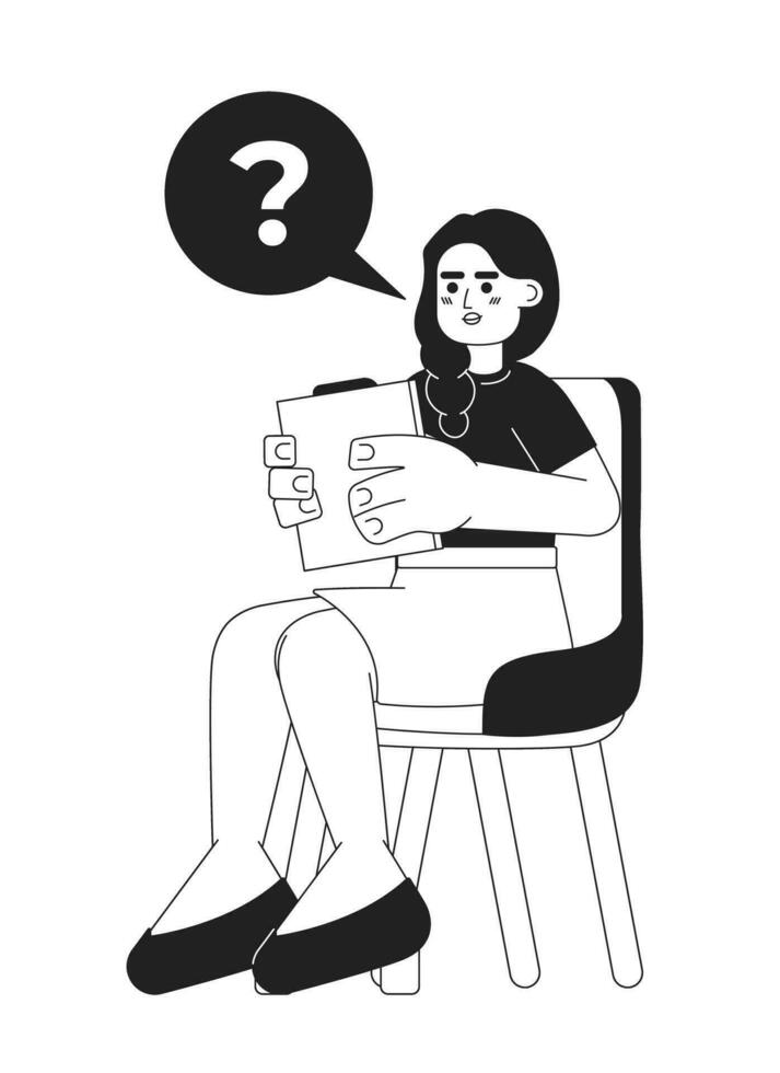 Indian woman interviewer asking question black and white 2D cartoon character. South asian business lady sitting on chair isolated vector outline person. Recruiter monochromatic flat spot illustration