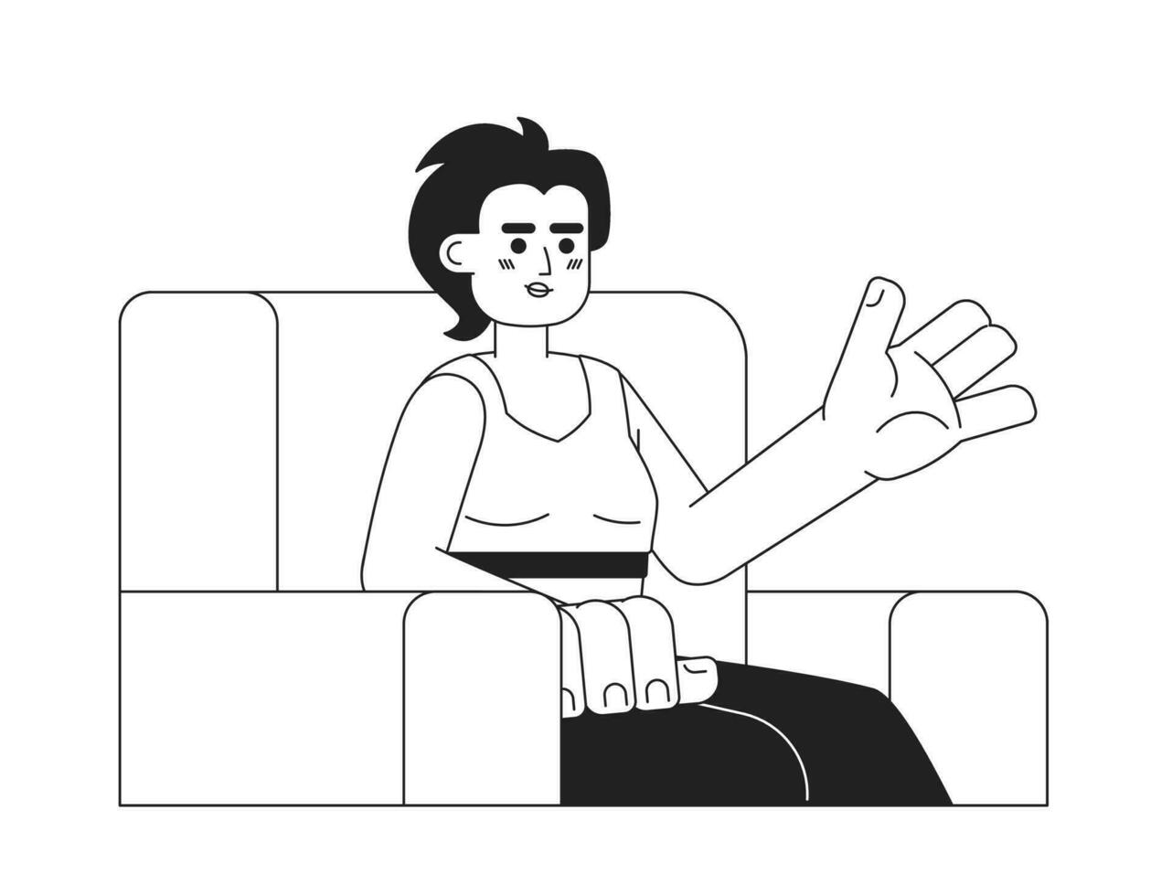 Armchair woman asian young adult black and white 2D cartoon character. Korean female communicating isolated vector outline person. Explaining woman interviewer monochromatic flat spot illustration