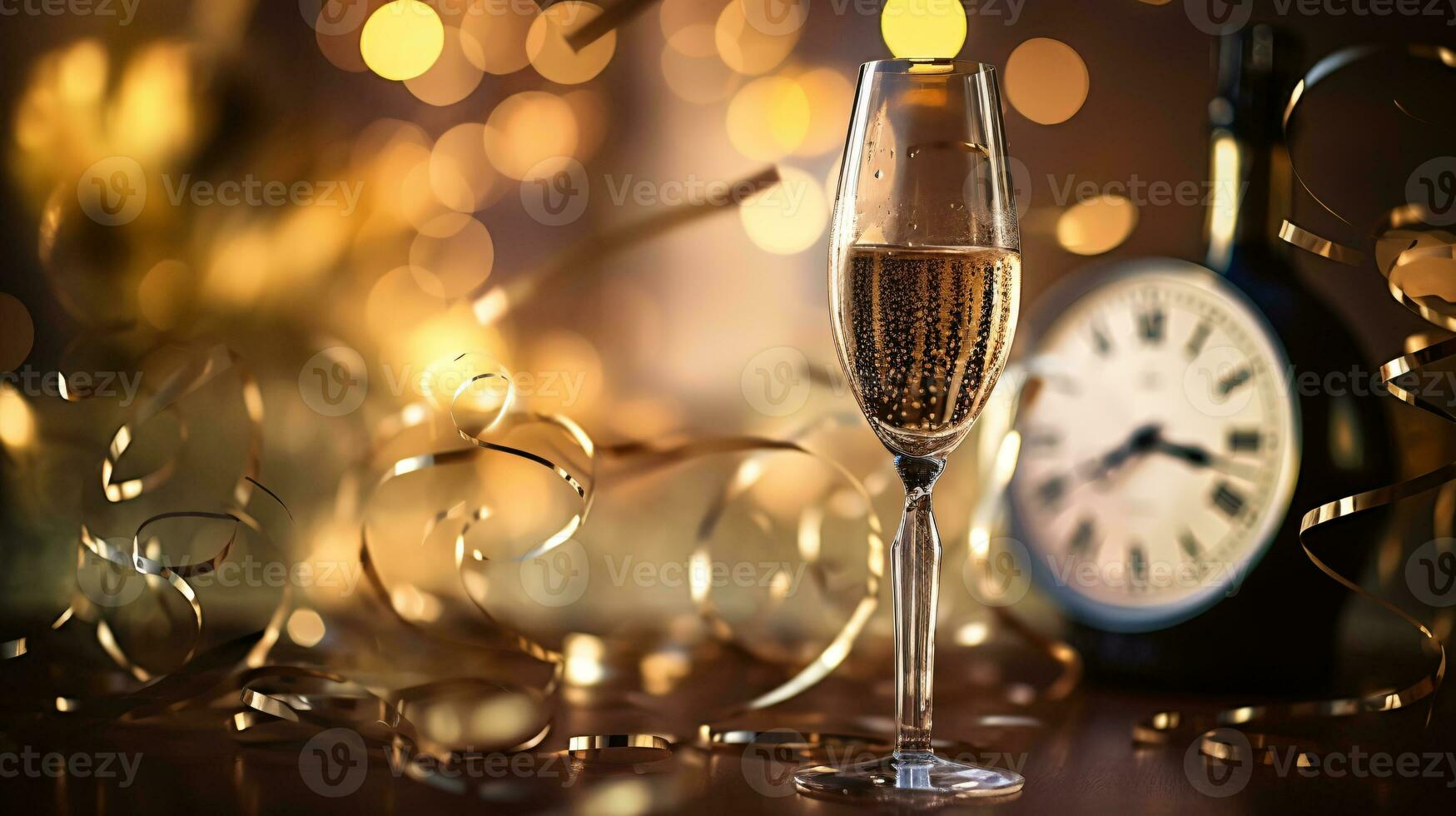 ai generative  New years eve champagne with bokeh light and clock photo