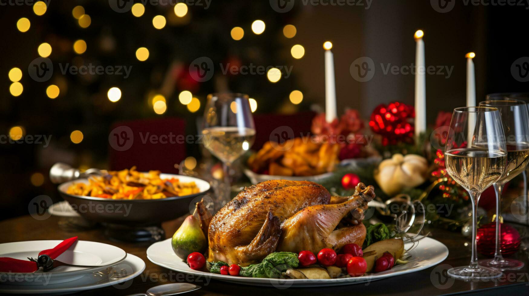 ai generativo Navidad cena mesa, hermosamente decorado con cremoso bokeh Navidad luces en el antecedentes foto