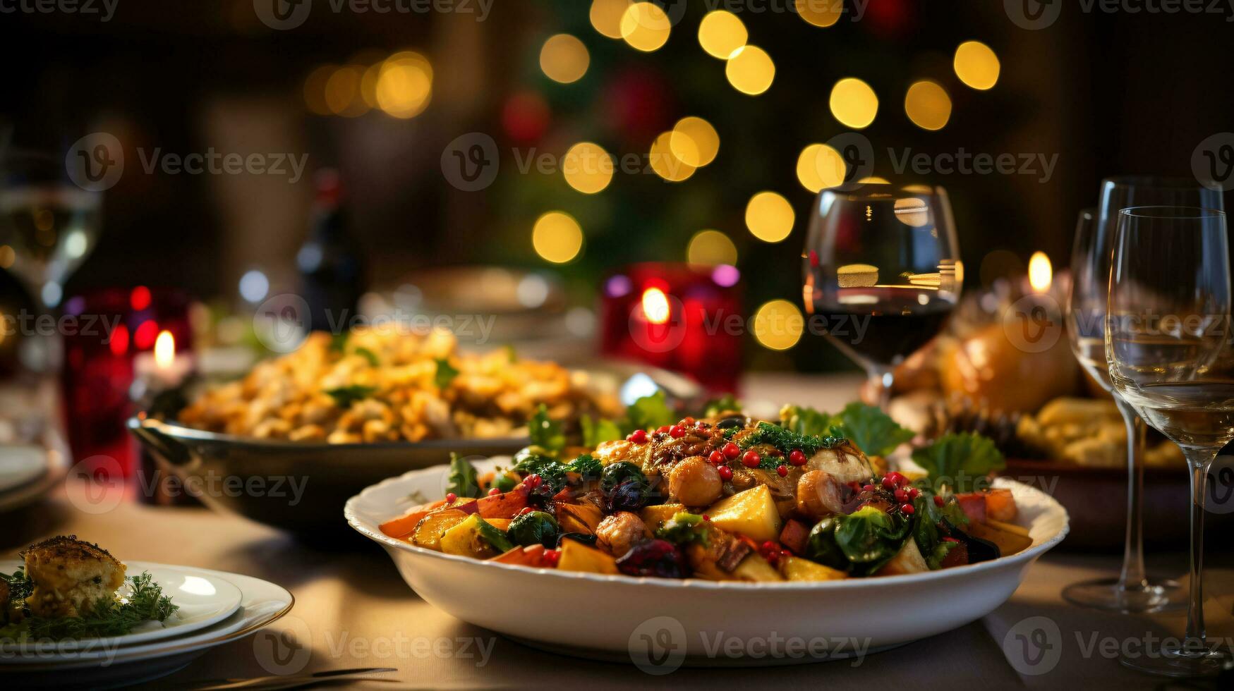 ai generative Christmas Dinner tabletop, beautifully decorated with creamy bokeh christmas lights in the background photo