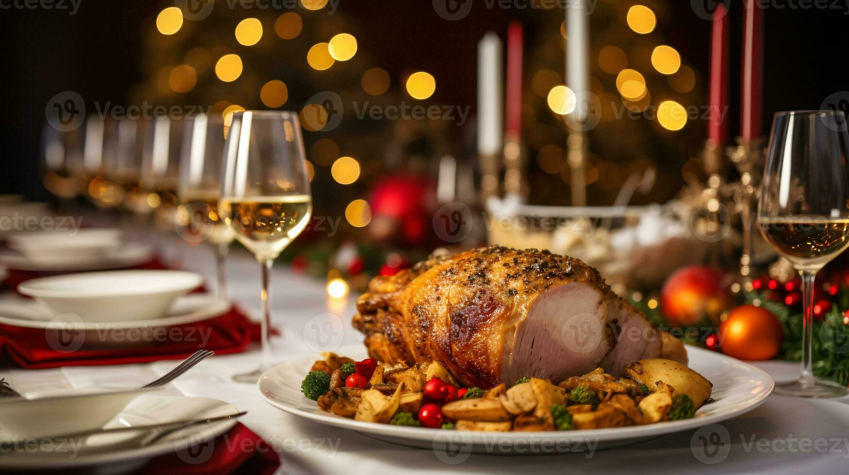 ai generativo Navidad cena mesa, hermosamente decorado con cremoso bokeh Navidad luces en el antecedentes foto