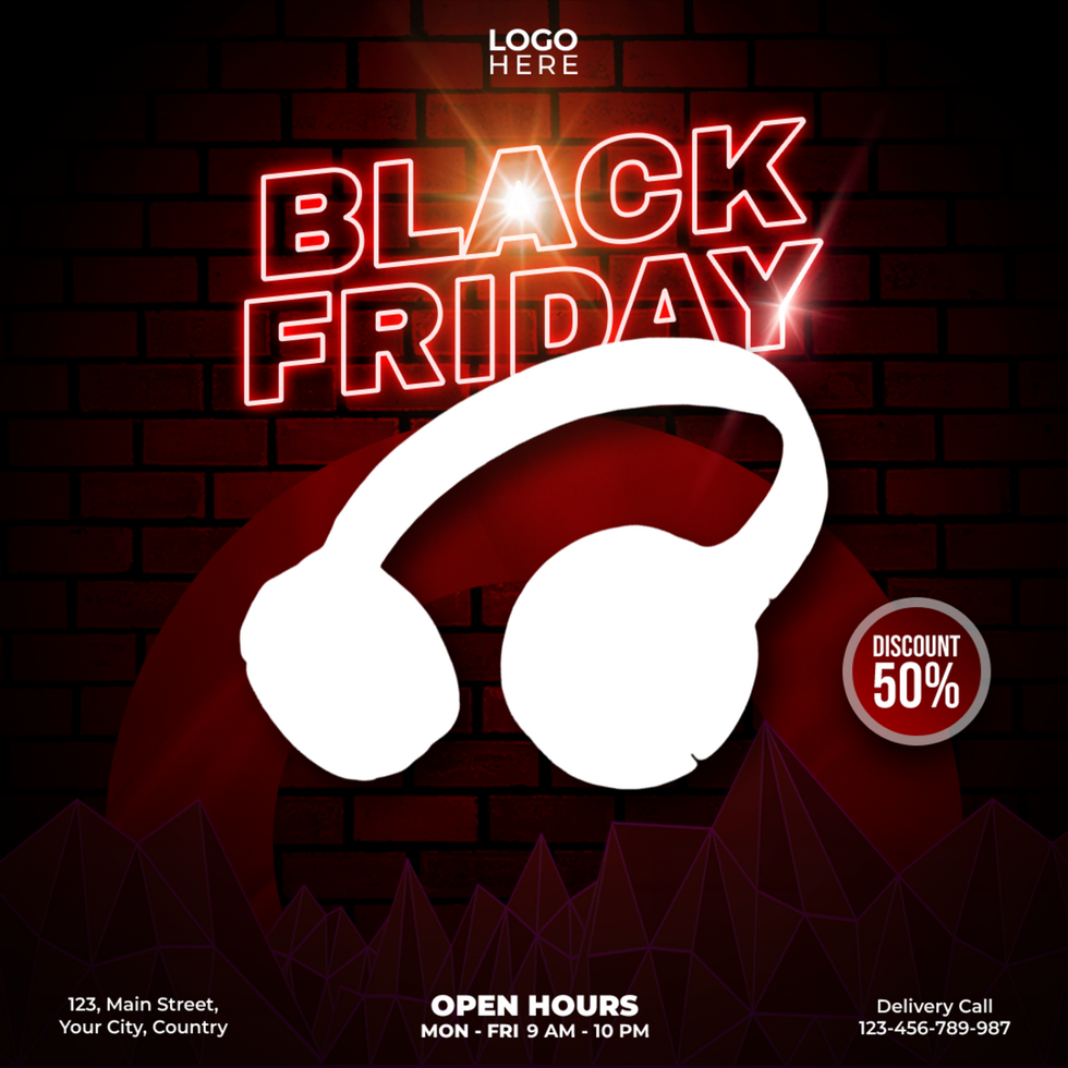 black friday poster with headphones and red brick background psd