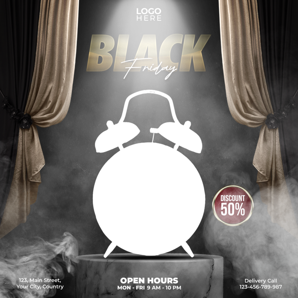 black friday poster with a clock and curtain psd