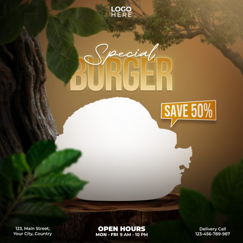 delicious burger advertisement with a tree and leaves psd