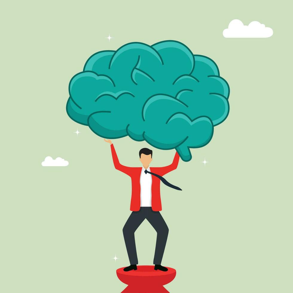 Businessman holding big brain, self improvement, personal development or growth mindset, extra ordinary man, learning new skills or knowledge concept vector