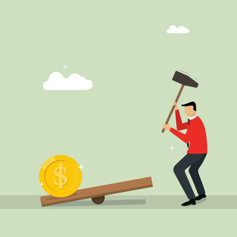 Man trying to increase money value, dollar crash and trying to fall up concept flat vector illustration