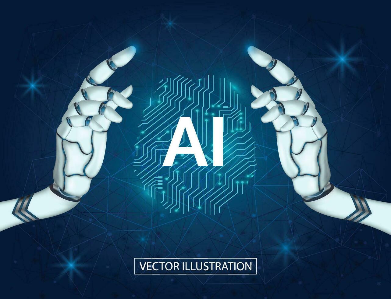 Ai electronic brain, robot hands with artificial intelligence hanging over brain, ai have thinking concept vector