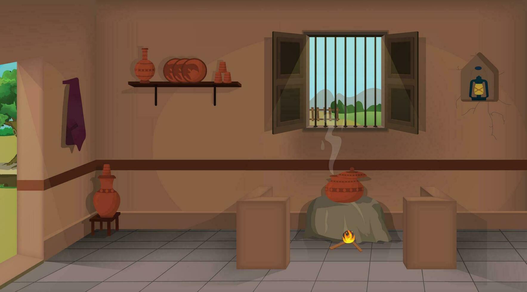 Village room inside vector, poor room interior, old cottage vector illustration