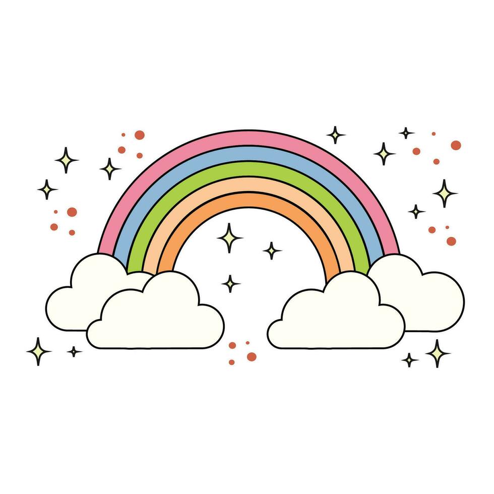 Vector pastel rainbow with clouds and stars on white background