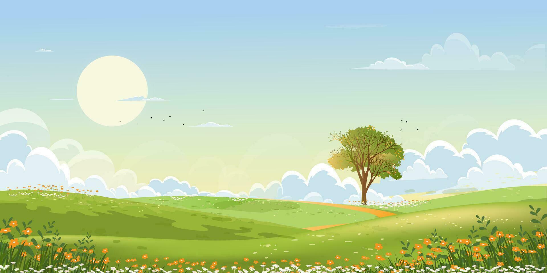 paisaje de campos verdes de primavera con fondo de montaña, cielo azul y nubes, panorama naturaleza rural pacífica en primavera con tierra de hierba verde. ilustración vectorial de dibujos animados para banner de primavera y verano vector