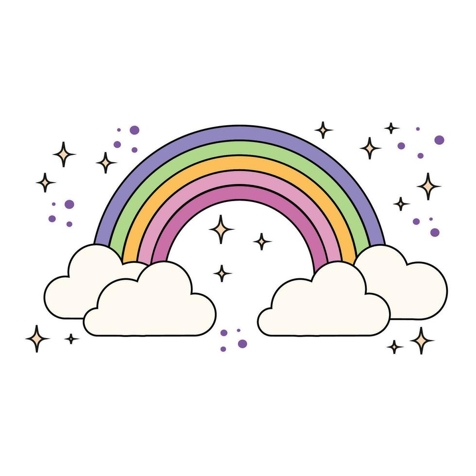 Vector pastel rainbow with clouds and stars on white