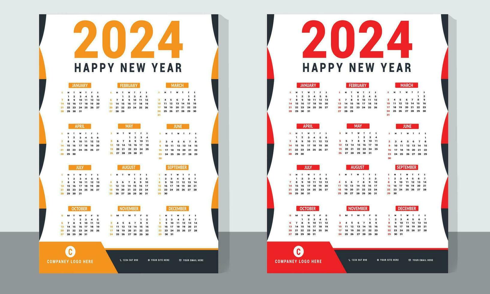 Modern wall calendar design 2024. Set of 2024 Calendar Planner Template with Print Ready One Page wall calendar template design for 2024. vector