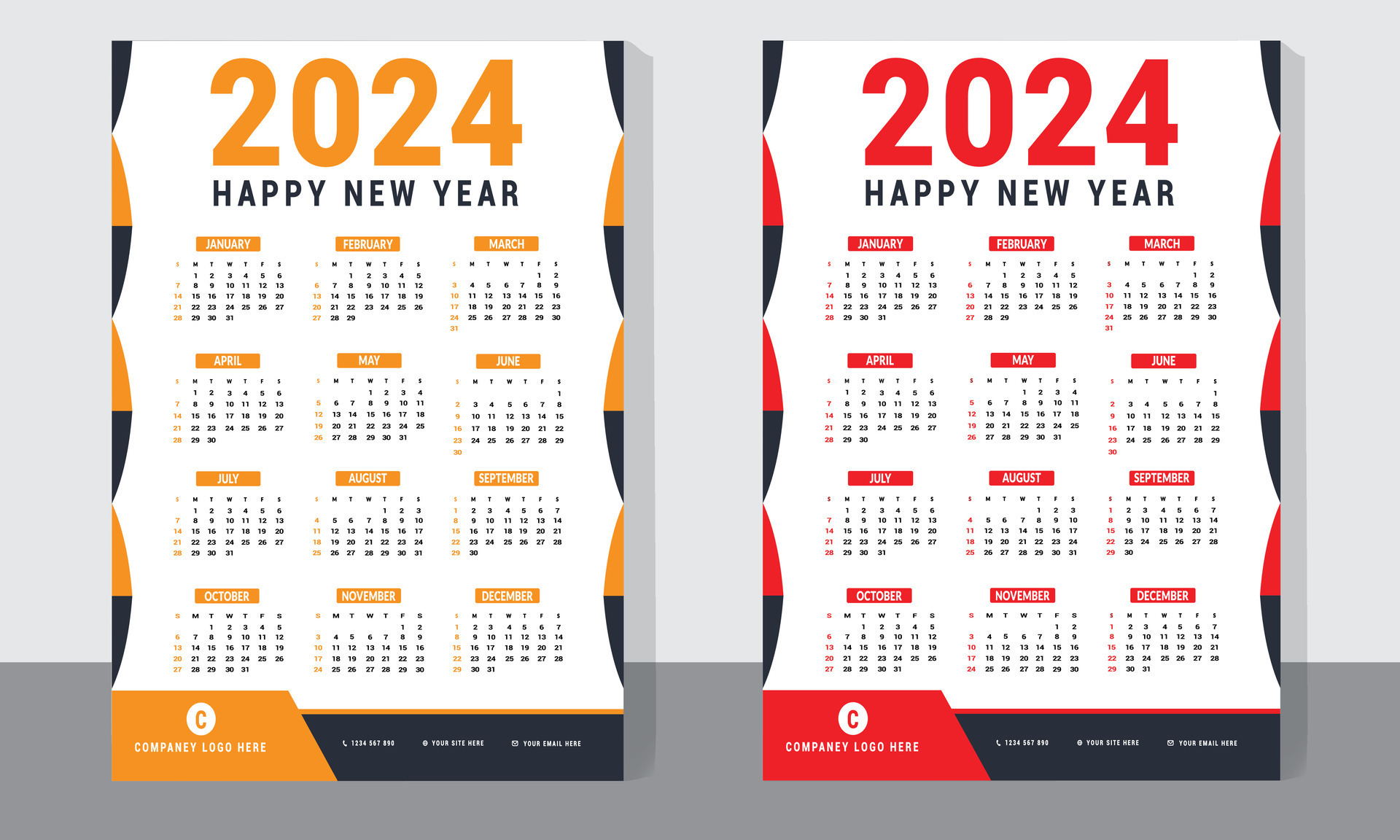Modern wall calendar design 2024. Set of 2024 Calendar Planner Template