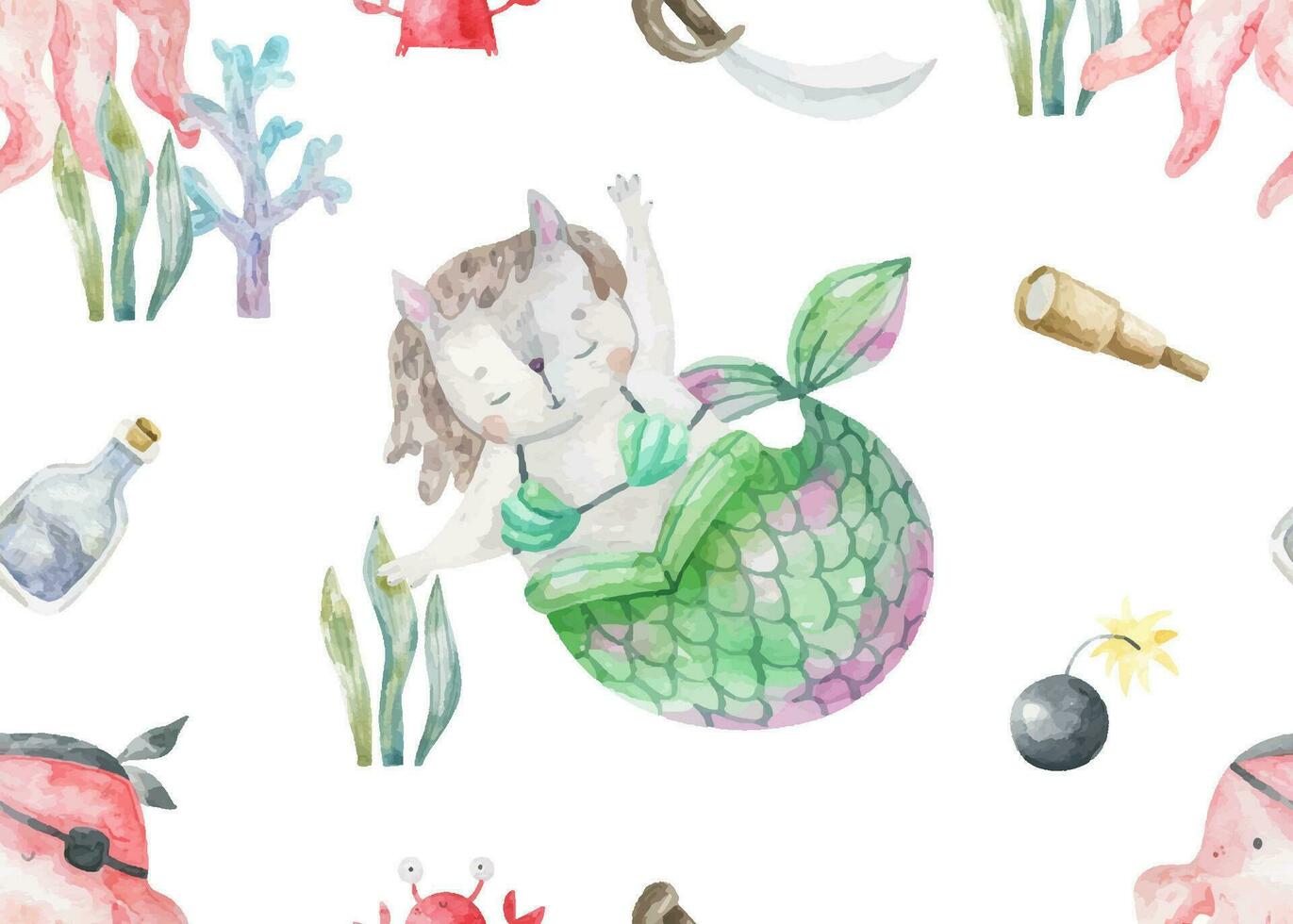 Under the sea mermaid seamless pattern. Endless design with beautiful girl with green magic tail and pink pirate octopus. Fairytale underwater life with seaweeds. Oceania vector