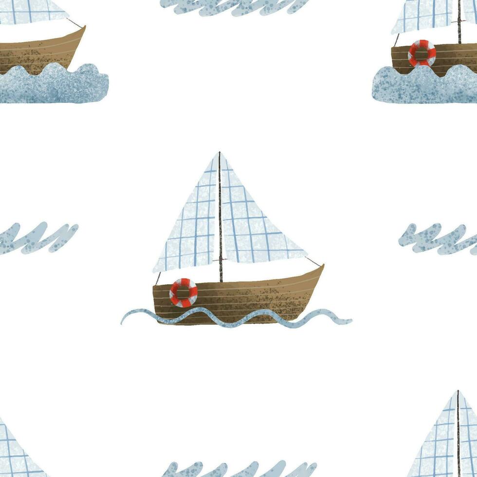 wooden yacht floating on blue wave, Seamless pattern for boys. Childish background vector