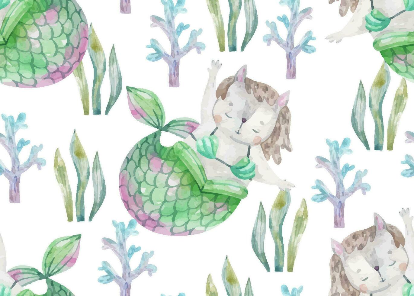 seamless pattern with fairytale green cat mermaid with fish tail. Childish endless background. Under the sea. Deep underwater life. Coral reef vector