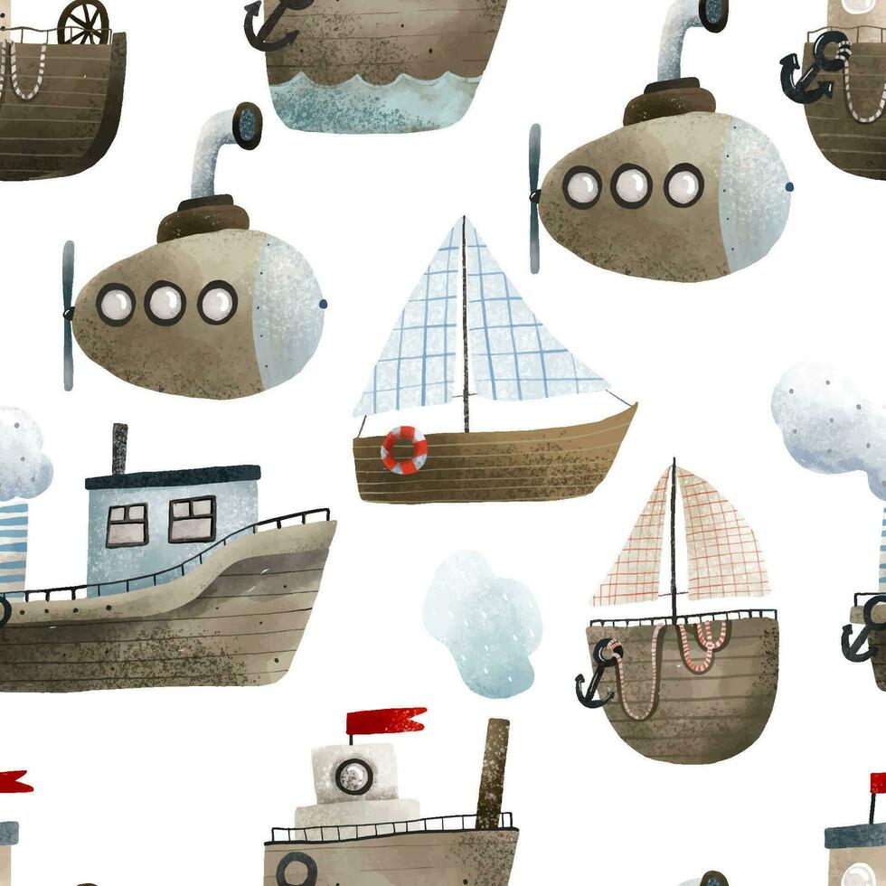 Cute seamless pattern boats. Sea seamless pattern. Cute sailboat , ships, sails, boats, water transport. Sea life. Isolated background vector