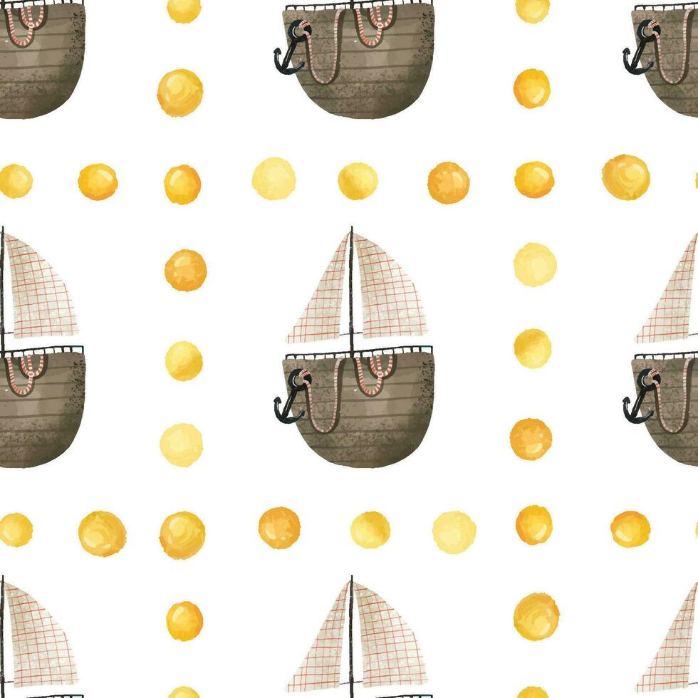 childish seamless pattern with wooden yacht and golden drops. Hand painted isolated background vector