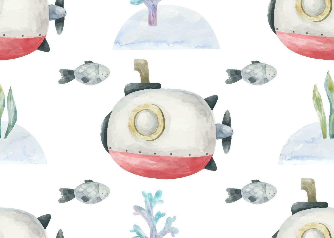 seamless background with red submarine and underwater life. Summer bright pattern for fabric design. Scandinavian style. vector