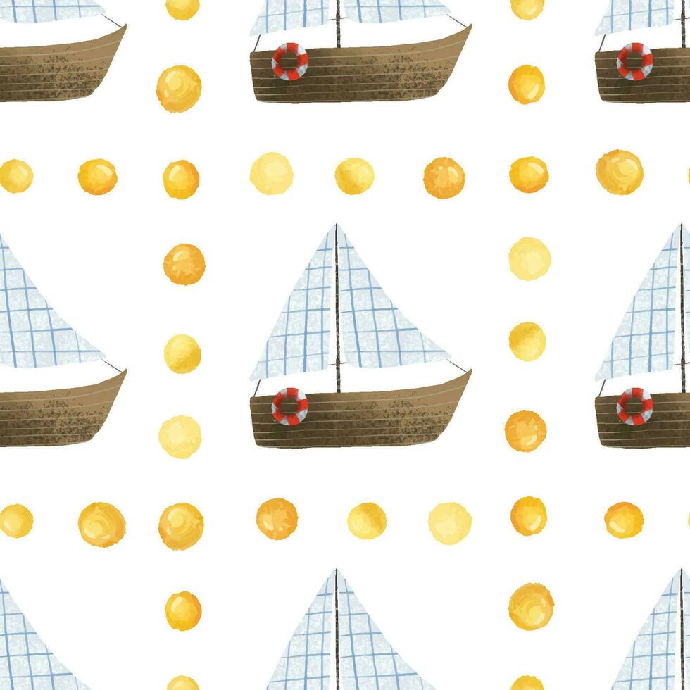 Colorful childish seamless pattern with ships and boats. Blue ocean waves. Scandinavian style. Cute marine baby pattern vector