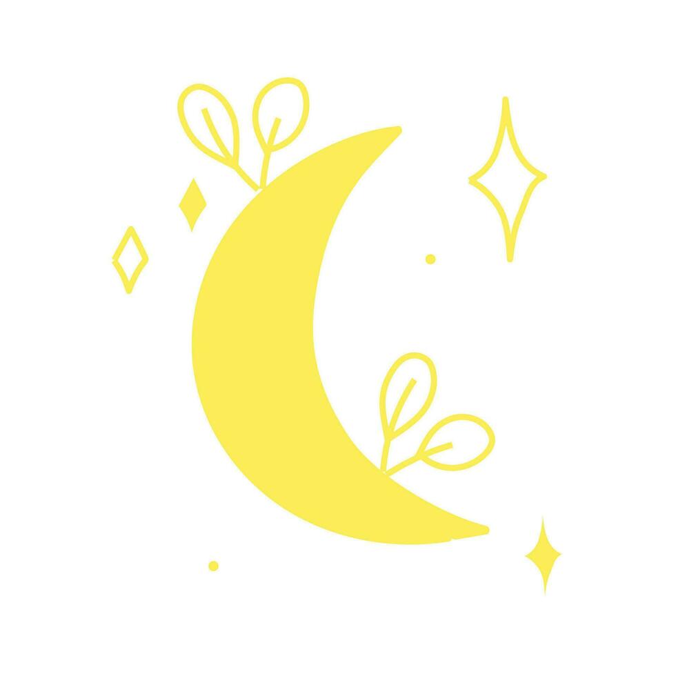 Vector silhouette of the crescent moon and stars in the night sky isolated on background