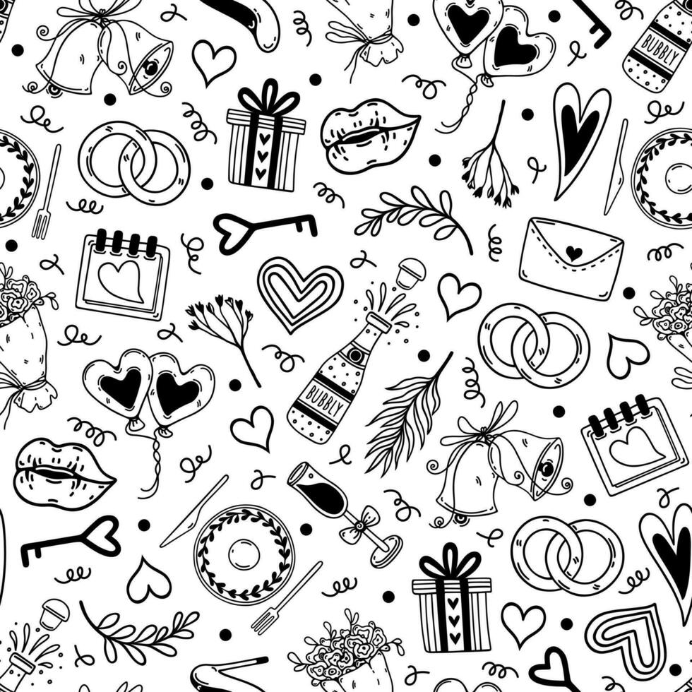 Wedding ceremony seamless vector pattern. Marriage symbols - engagement rings, champagne, gifts, heart-shaped balloons, flowers, romantic letters. Black and white doodle background for love party, web