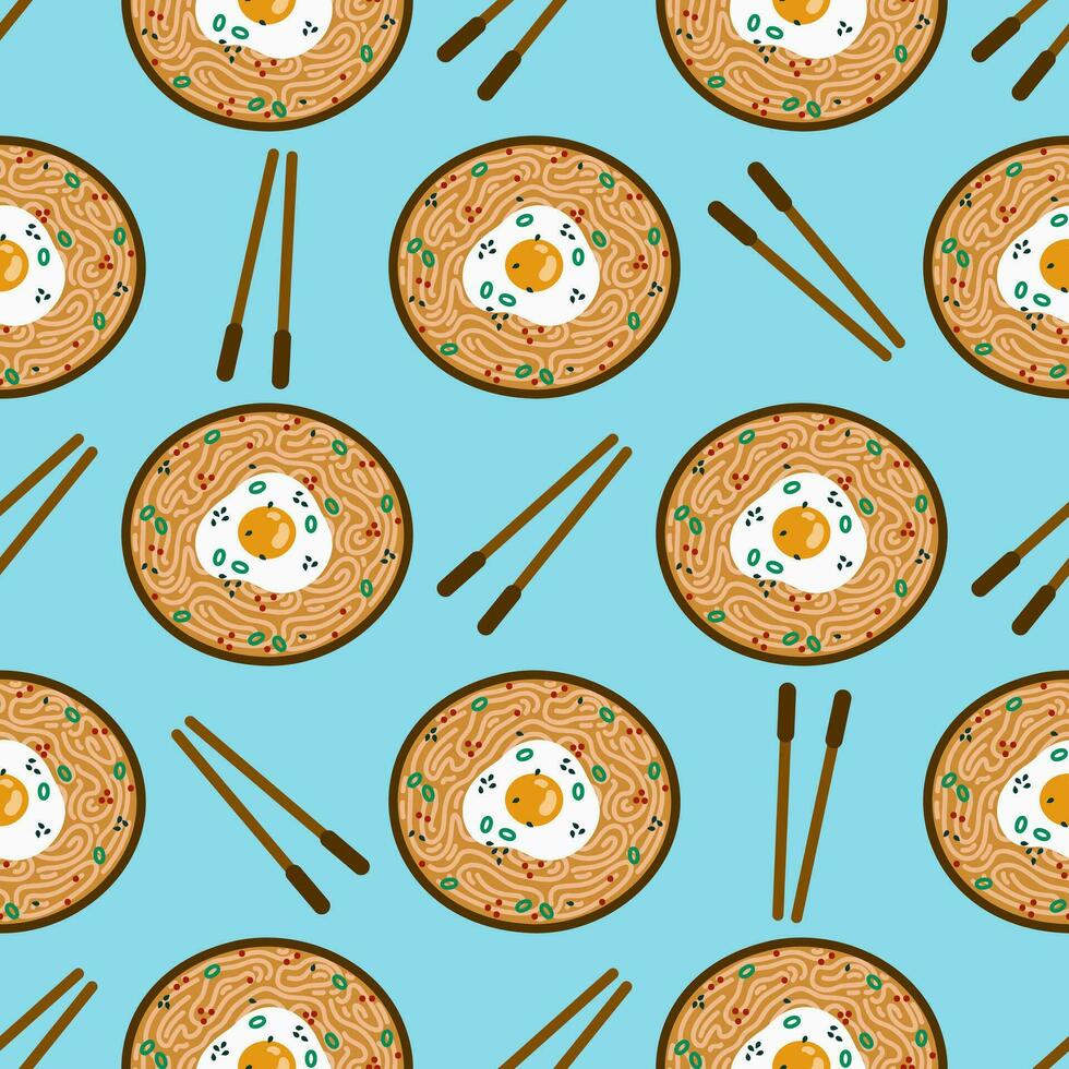 Ramen and chopsticks seamless vector pattern. Tasty Asian soup with noodles, fried egg, green onions, sesame. Hot spicy food in a bowl on the table, top view. Flat cartoon background for print, web