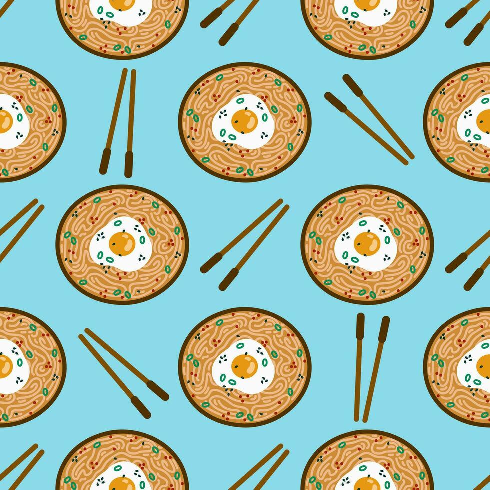 Ramen and chopsticks seamless vector pattern. Tasty Asian soup with noodles, fried egg, green onions, sesame. Hot spicy food in a bowl on the table, top view. Flat cartoon background for print, web