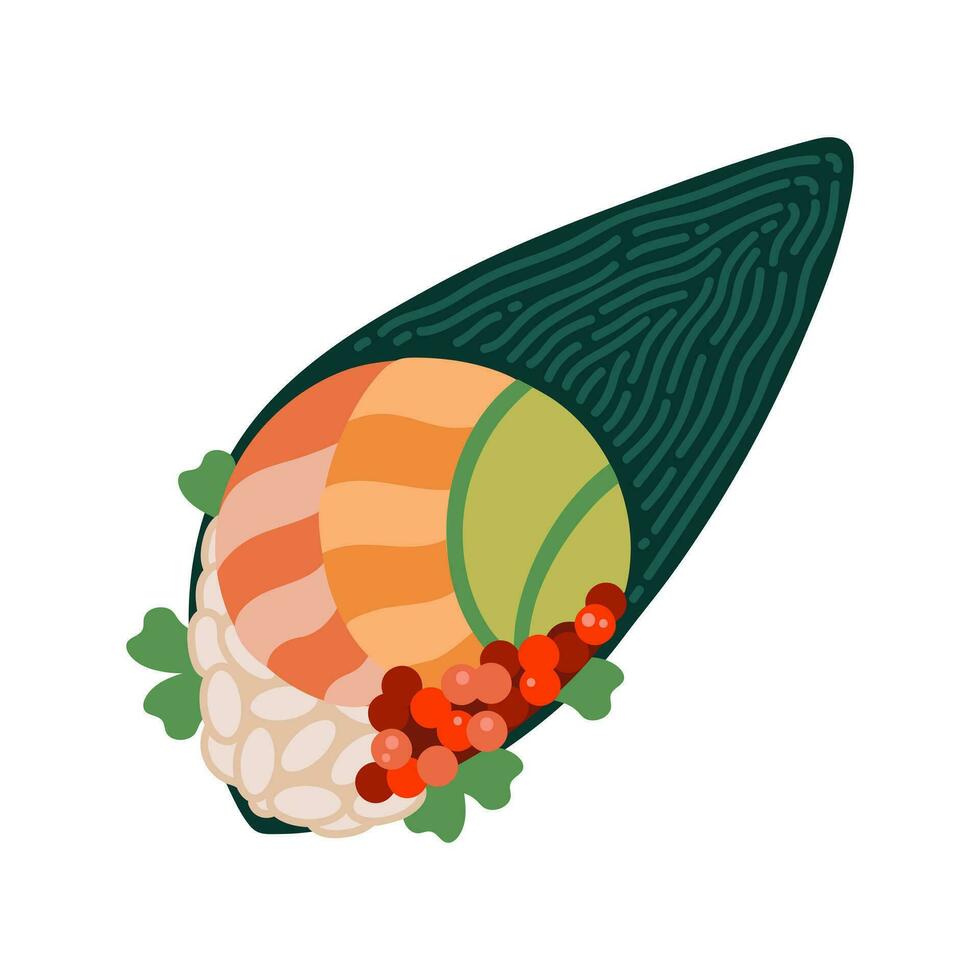 Temaki sushi vector icon. Asian roll in the shape of a cone with rice, salmon, tuna, shrimp, avocado, caviar wrapped in nori seaweed. Tasty fish snack, seafood isolated on white. Flat cartoon clipart