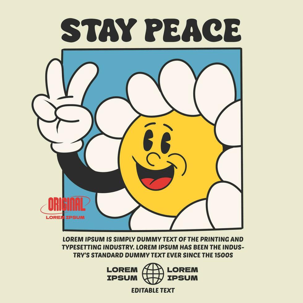 daisy flower groovy character 90s design illustration with slogan, retro cartoon character vector