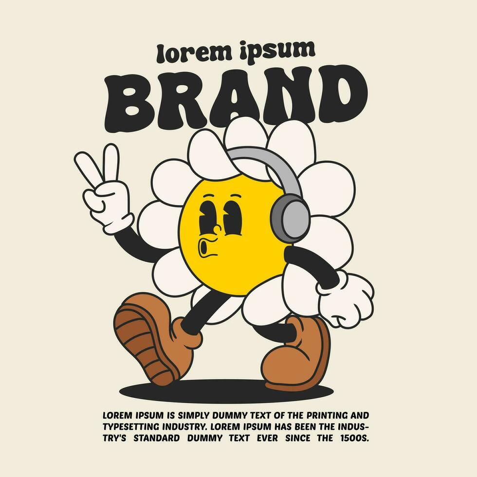 daisy flower groovy character 90s design illustration with slogan, retro cartoon character vector