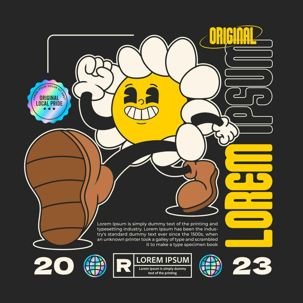 daisy flower groovy character 90s design illustration with slogan, retro cartoon character vector