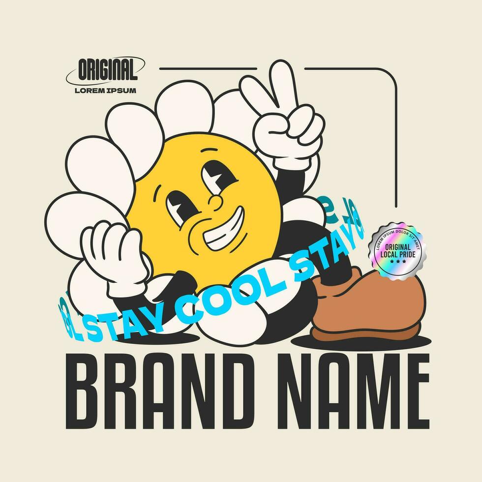 daisy flower groovy character 90s design illustration with slogan, retro cartoon character vector