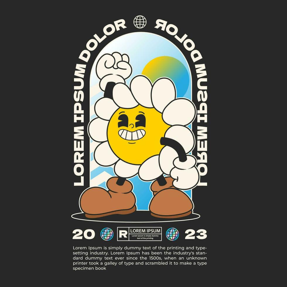 daisy flower groovy character 90s design illustration with slogan, retro cartoon character vector